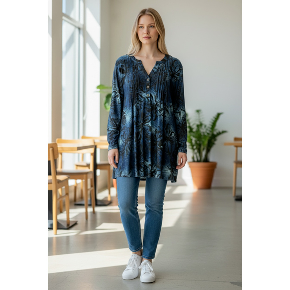 Coral Bay XL Top Fancy Blue Black Floral Pleats Embroidered 3/4 Roll Tab Sleeves